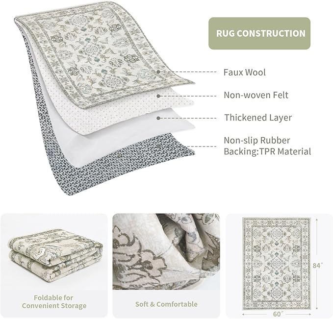 5x7 Washable Area Rugs Beige and Sage Green Vintage Boho Floral Farmhouse Rug for Living Room Bedroom, Non Slip Low Pile Carpet
