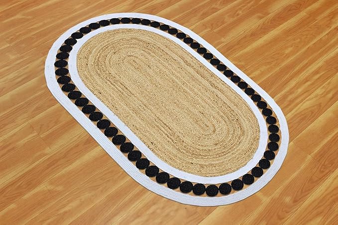 Flatweave Runner 2.6x10 Oval Kilim Jute Runner Hand Braided Jute Thick 0.27" Solid Pattern Black Beige Natural Oval Handmade Boho Indoor Outdoor Rugs for Kitchen Hallway Enterway