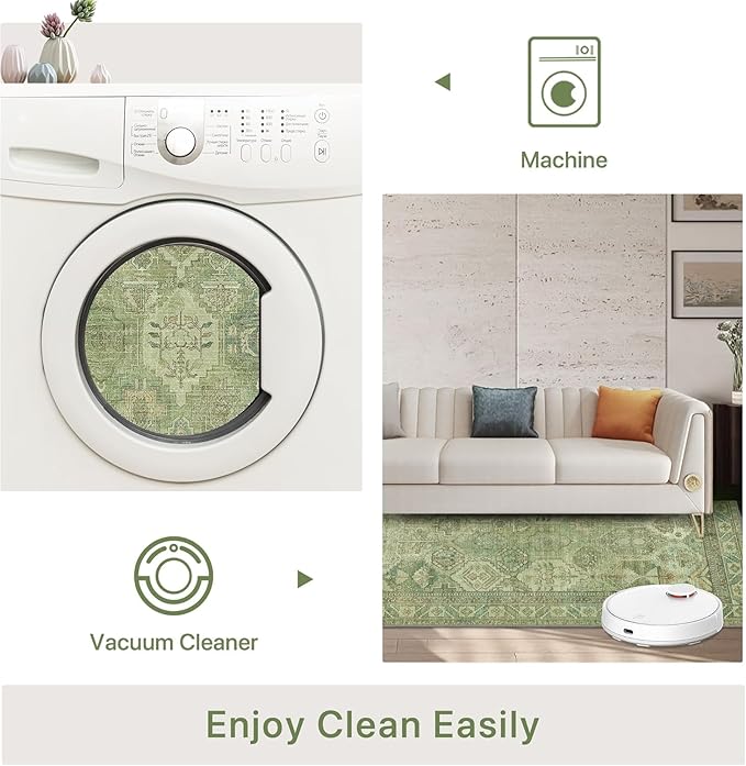 Bavni 2x3 Entryway Rug Bathroom Rugs for Front Door Bedroom Bathroom Kitchen, Washable Vintage Print Carpet, Ultra-Thin Chenille Lightweight Rug with Non Slip Backing, Light Green