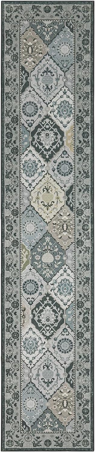 Phantoscope Washable Runner Rug 2'x10' Non-Slip, Vintage Boho Hallway Rugs for Entryway, Stair, Bedroom, Distressed Moroccan Mosaic Diamond Pattern, Low-Pile Foldable Floor Carpet, Grey Charcoal