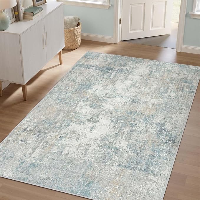 3x5 Washable Area Rug Blue Cream Abstract Entryway Office Throw Rug Neutral Modern Non Slip Soft Low Pile Lightweight Small Carpet for Kitchen Living Room Bedroom Entrance