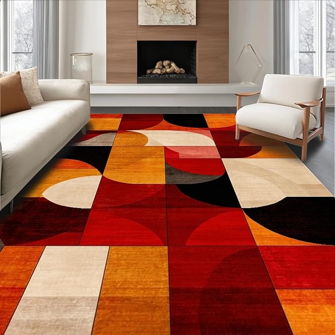 Flatwoven High Traffic Area Rug 5x7, Ember Abstract Geometric Shape Throw Indoor Floor, Non Slip, Stain Resistant, Washable Area Rugs for Living Room, Bedroom (Orange, 5x7)