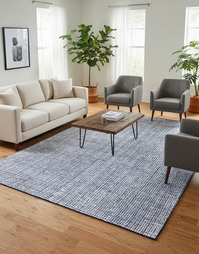 Hand-Tufted 100% Wool Pile Area Rug – Geometric Textured Grid Check Pattern – Thick and Durable Floor Carpet for Bedroom, Living Room, Kids Room, and Dining Area (Navy Blue, 8' x 8')