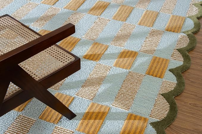 Hand-Tufted Wool Rug with Scalloped Edges, Light Blue Plaid Pattern, Cozy Soft Area Rug for Living Room, Bedroom, and Nursery, Handmade Modern Accent Rug, 2.5x9 Ft (Runner)
