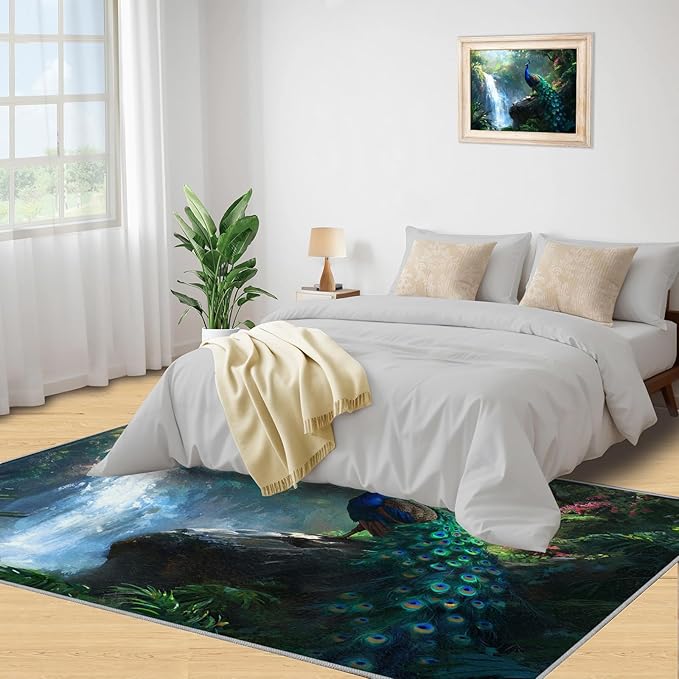 Peacock Rugs for Bedroom - 4x6 Rug, Peacock Decor Area Rugs for Living Room, Natural Landscapes Carpet, Waterfall Washable Area Mat, Aesthetics Carpet - Peafowl Home Decor & Gifts