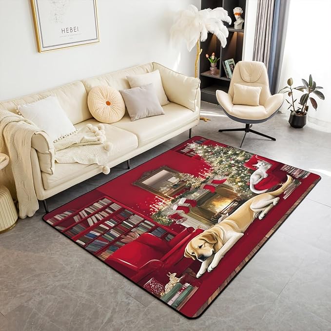 Merry Christmas Large Area Rug 5x7 Puppy Christmas Tree Living Room Rug | Little Cat Pup Dog Rugs for Bedroom, Cute Pet Animal Golden Retrievers Carpet Indoor Floor Mat