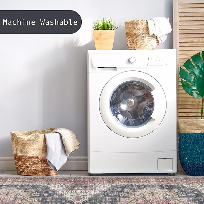 GLN Rugs Traditional Collection - Machine Washable Area Rug, Traditional Washable, Non Slip, Low Pile Chenille Rug, Living Room, Bedroom, Kitchen Rug (5' x 7' Black/Terra)
