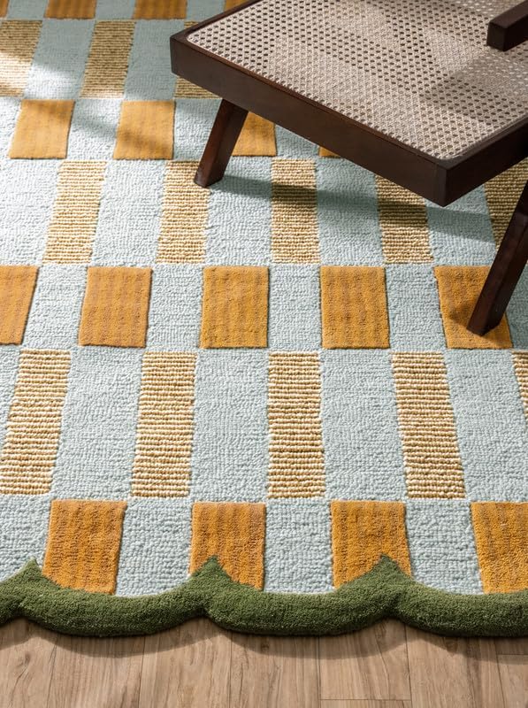 Hand-Tufted Wool Rug with Scalloped Edges, Light Blue Plaid Pattern, Cozy Soft Area Rug for Living Room, Bedroom, and Nursery, Handmade Modern Accent Rug, 7x10 Ft