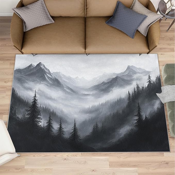 Misty Forest Rugs for Bedroom - 2x3 Area Rug - Modern Black White Art Rugs for Living Room, Natural Landscape Rug, Washable Home Decor Carpet