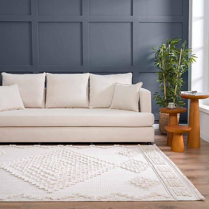 Hauteloom Rosales Farmhouse Living Room Bedroom Modern Moroccan Medallion Area Rug - Soft Shaggy High Low Carpet - High Pile - Bohemian, Boho - White, Beige, Cream - 7'10" x 10'