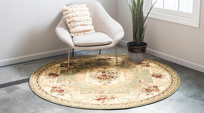 Rugs.com Chateau Collection Rug – 8 Ft Round Green Medium Rug Perfect for Kitchens, Dining Rooms