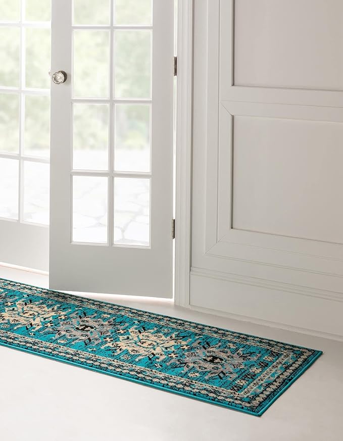 Unique Loom Taftan Collection Border Geometric Tribal Inspired Design Area Rug, 2 ft 7 in x 10 ft, Turquoise/Gray