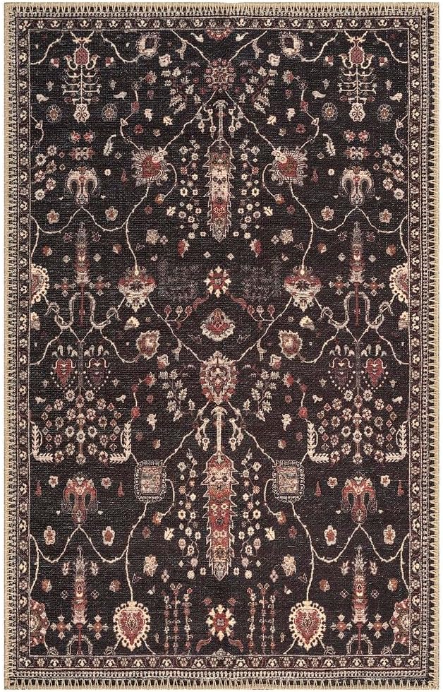 GLN Rugs Traditional Collection - Machine Washable Area Rug, Traditional Washable, Non Slip, Low Pile Chenille Rug, Living Room, Bedroom, Kitchen Rug (2' x 3' Black)