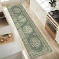 jinchan Hallway Runner Rug 2x10 Vintage Floral Distressed Design - Machine Washable Non-Slip Low-Pile Soft Thin Faux Wool Kitchen Carpet for Farmhouse Bedroom Laundry Room(2x10ft,Dark Green)