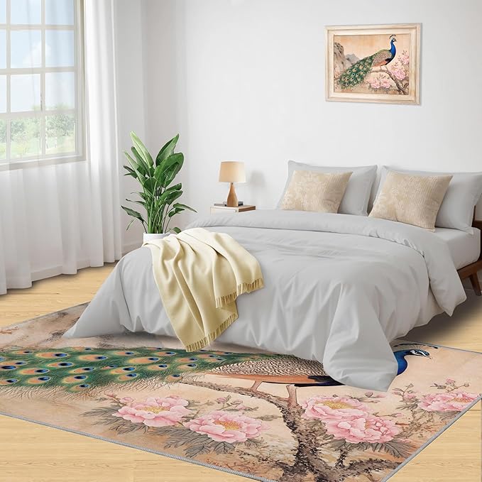 Peacock Peony Area Rug 4x6-4x6 Rug, Classic Peacock Peony Rugs for Living Room, Floral Animal Carpet, Peafowl Feather Washable Area Rugs for Bedroom, Aesthetics Carpet - Peafowl Home Decor & Gifts