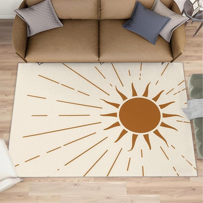 Boho Sun Area Rugs 6x8ft, Radiant Sunburst Living Room Area Rug, Geometric Solar Play Rug with Carpet Tape Double Sided for Bedroom Office Home Decor