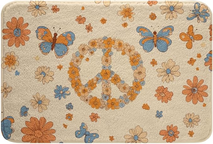 Erosebridal Groovy Party Decorations Bathroom Mat for Girls Women Peace Sign Decor Microfiber Bath Rug Hippie Butterfly 3D Entryway Door Mat 16x24 Cute Kawaii Florals Bath Mat Honey Bee Gifts for Kids