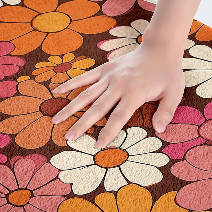 Erosebridal Groovy Floral Bathroom Rugs for Girls Retro Flower Bath Mat Chic Daisy Non Slip Bath Rugs Groovy Party Decorations Fluffy Plush Rugs 20x32 70s Party Decorations Shower Carpet