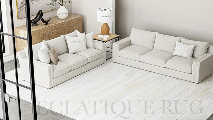 Cowhide Leather Rug for Living Room 9x12 Natural Leather Rug Modern Stripes Style Floor Carpet for Home Decor | Superior Indoor Area Rug White