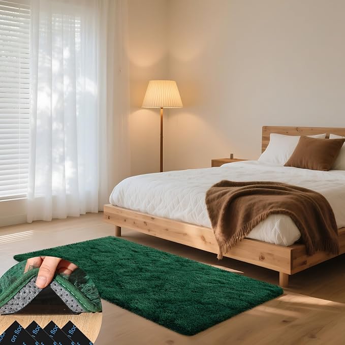 3x5 Dark Green Rugs for Bedroom Living Room, Fluffy Small Area Rug Soft Shag Carpet for Kids Boys and Girls Room with 4 Rugs Non-Slip Stickers Dorm Home Decor (3ft x 5ft)