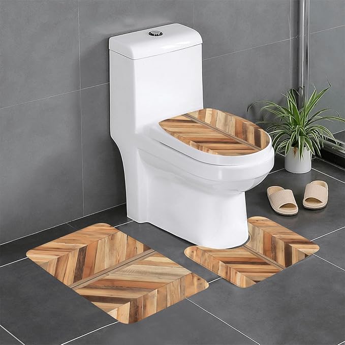 3 Piece Wooden Chevron Pattern Panel Bathroom Rugs Set, Non-Slip Absorbent Microfiber Bath Mat Set with U-Shaped Toilet Mat for Bathroom Tub Shower