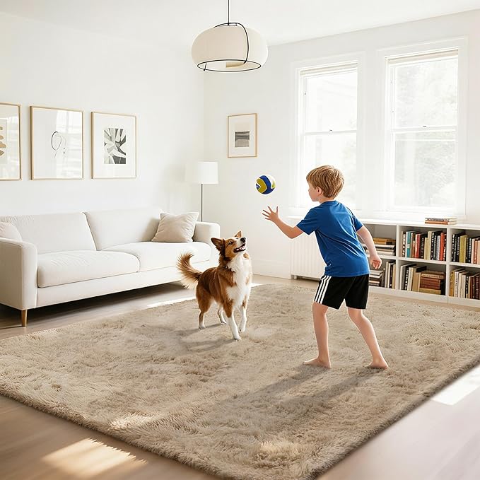 Fluffy Rug Shaggy Area Rug, Beige 5x8 Area Rugs for Bedroom, Small Bedside Rug, Soft Fluffy Shaggy Entryway Throw Rugs for Living Room Bedroom Kids Room Home Decor