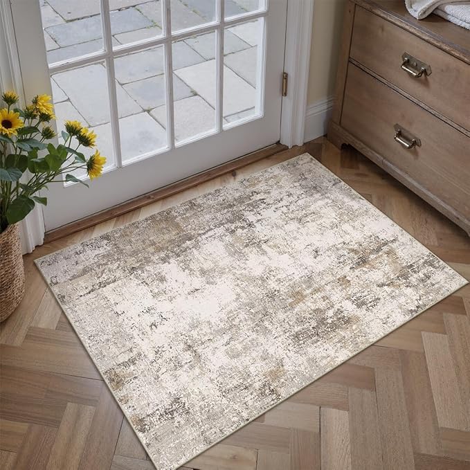2x3 Washable Area Rug Brown Grey Abstract Entryway Kitchen Throw Rug Neutral Modern Non Slip Soft Low Pile Small Carpet for Bathroom Living Room Bedroom