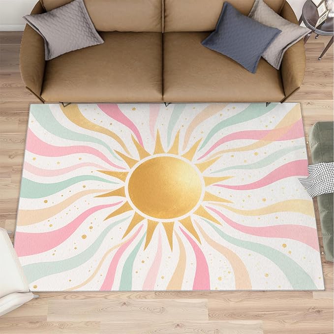 Boho Sun Area Rugs 4x5ft, Minimalist Sunburst Kids Play Rug, Abstraction Deco Throw Rugs Bedroom Fluffie Soft for Coffee Shop Living Room Under Table Game Room