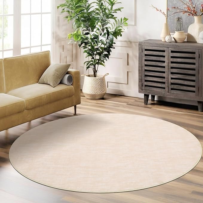 RUGSREAL Washable 4ft Round Rug Modern Solid Area Rug Indoor Non-Slip Throw Carpet Contemporary Area Rug for Bedroom Living Room Nursery, 4' x 4' Round Ivory Beige