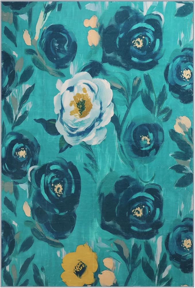 6x9 Camellia Floral Rugs, Modern Washable Flower Pattern Area Rug for Bedroom, Soft Large Non-Slip Kitchen Carpet Floor Door Mat for Living Room Dining Room Office - Teal