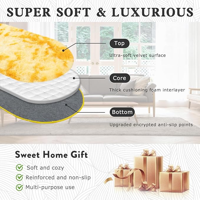 Soft Fluffy Area Rug for Bedroom, Fuzzy Shaggy Oval Throw Rugs for Bedside, Non-Slip Cozy Plush Shag Carpet for Kids Room Nursery Dorm Living Room, Tie Dye Yellow, 2.6 x 5.3 Feet, 2 Packs