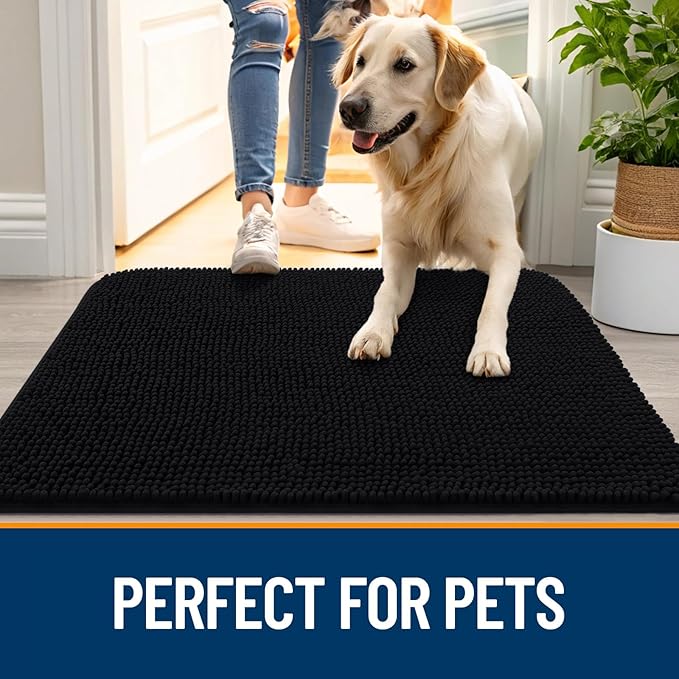 OLANLY Dog Door Mat for Muddy Paws 35x24, Absorbs Moisture and Dirt, Absorbent Non-Slip Washable Doormat, Quick Dry Chenille Mud Mat for Dogs, Entry Indoor Entryway Carpet for Inside Floor, Black