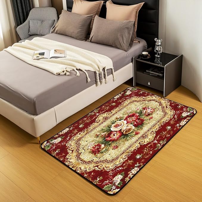 Elegant Red Floral Large Area Rug 5x7 Gold Geometric Living Room Rug | Bohemian Nordic Floral Rugs for Bedroom, Antique Decor Victorian Damask Carpet Indoor Floor Mat