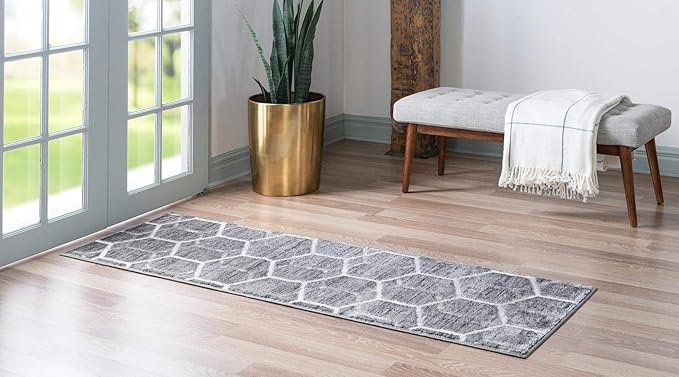 Rugs.com Lattice Trellis Collection Rug – 10 Ft Runner Gray Low-Pile Rug Perfect for Hallways, Entryways