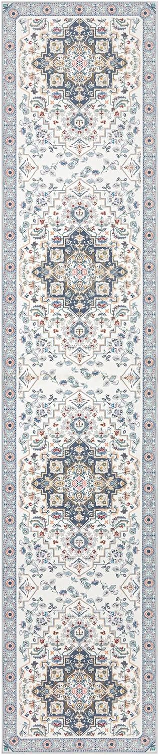 Phantoscope Washable Runner Rug 2'x10' Non-Slip, Vintage Boho Hallway Rugs for Entryway, Stair, Bedroom, Persian Floral Medallion Pattern, Low-Pile Foldable Floor Carpet, Ivory Blue/Garden Bloom