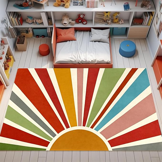 Rainbow Sun Area Rug,3x5ft,Medieval Vintage Geometric Rugs,Boho Style Bedroom Decor Rug Soft Machine Washable Carpet for Indoor Bedroom Living Room Office Decor