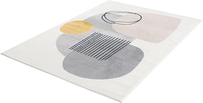 Abani Rugs Cream and Gray 4 ft. X 6 ft. Mid-Century Rug with Circles and Lines. Neutral Tones of Cream, Gray and a pop of Yellow. Minimalistic Design Turkish Stain Resistant Area Rug.