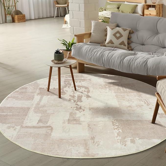 GLN Rugs Contemporary Collection - Machine Washable Area Rug, Contemporary Washable, Non Slip, Low Pile Chenille Rug, Living Room, Bedroom, Kitchen Rug (5'3" Round Abstract Tan)