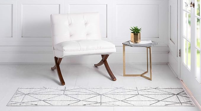 Rugs.com Lattice Trellis Collection Rug – 10 Ft Runner White Low-Pile Rug Perfect for Hallways, Entryways