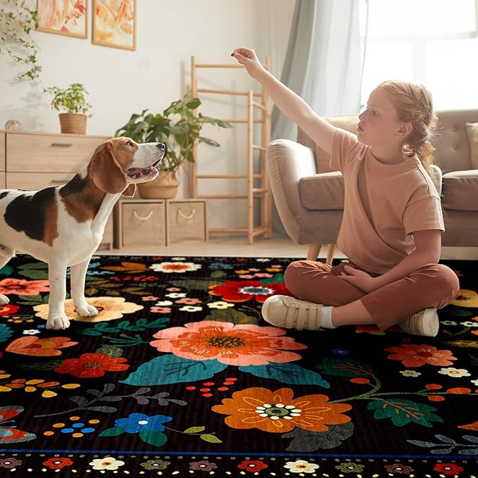 Floral 4ft Area Rug Machine Washable Soft Print Boho Carpet Non Slip Doormat Low Pile Flower Area Rugs for Living Room Bedroom Nursery Kitchen Dining Room Indoor-Black