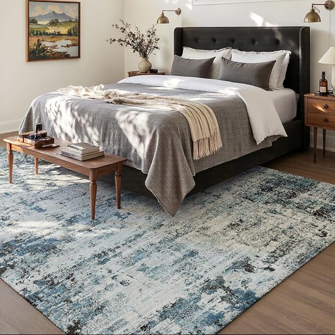 Area Rug 4x6 Washable Rug Blue for Living Room, Dining Room, Bedroom, Large Carpets, Non Slip & Non-Shedding Low Pile Vintage Print Rug for Home Office Decor