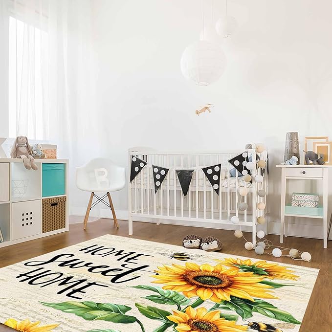 Summer Sunflowers Rectangular Area Rugs for Living Room Bedroom 4 x 6 ft Rustic Floral Bees Green Leaves Non-Shedding Soft Low Pile Rug Non Slip Washable Rug for Nursery Entryway Playroom