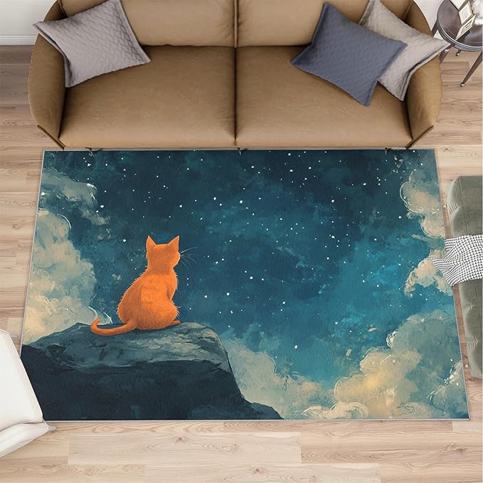 Orange Cat Rugs for Bedroom - 4x5 Area Rug - Cartoon Starry Sky Rugs for Living Room, 3D Cute Cat Rug, Non-Slip Washable Home Decor Carpet