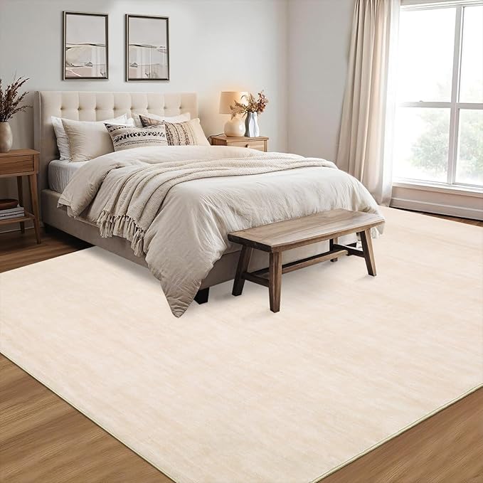 RUGSREAL Washable Contemporary Area Rug Low-Pile Solid Modern Area Rug Non-Slip Stain Resistant Home Office Solid Rug for Living Room Bedroom Kids Room, 5' x 7' Ivory Beige