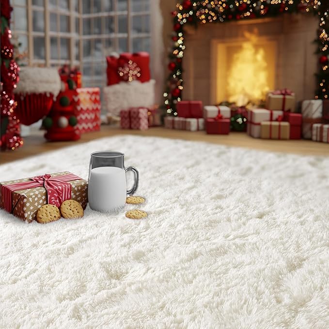 Cream White Plush Rug for Living Room Fuzzy Carpet for Bedroom Dorm, Non-Slip High Pile Rug, Shag Rug for Playroom Nursery Home Office Decor 6X9 Ft
