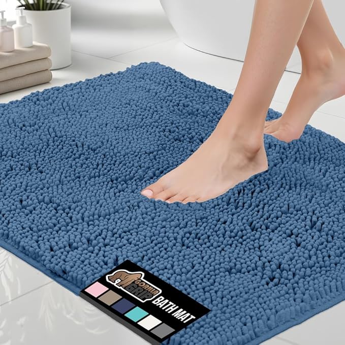 GORILLA GRIP Bath Rug Mat 36x24, Thick Soft Absorbent Chenille, Quick Dry Microfiber Mats, Rubber Backing Washable Shower Floor Rugs, Bathmat Runner, US Designed Bathroom Home Decor Accessories Blue
