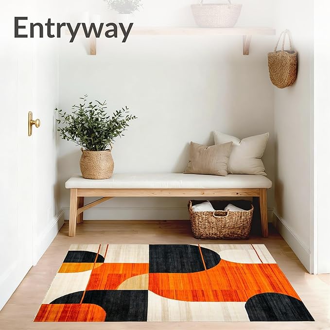 Flatwoven High Traffic Area Rug 6x9, Copper Black Orange Geometric Abstract Design, Non Slip, Stain Resistant, Washable Area Rugs for Living Room, Bedroom (Orange, 6x9)