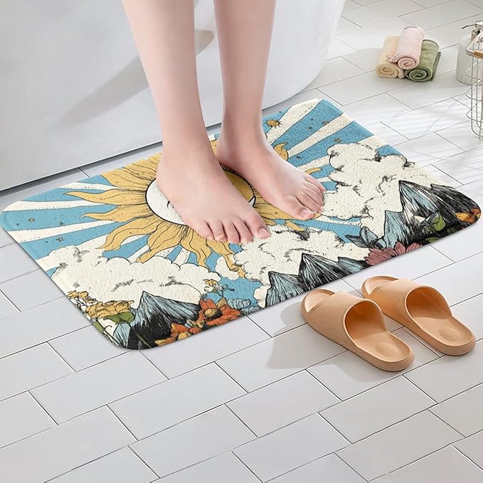 Erosebridal Sun and Moon Bathroom Rugs Boho Bohemian Hippie Bath Mat Moon Phase Print Non Slip Bath Rugs Geometric Striped Fluffy Plush Rugs 20x32 Sunflower Daisy Shower Carpet Retro Decor