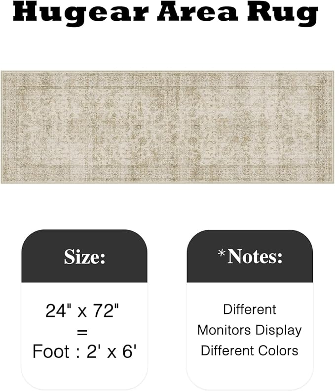 HUGEAR 2x6 Runner Rug Hallway Machine Washable Retro Beige Vintage Floral Low Pile Carpet Distressed Long Throw Rug Bedroom Office Bathroom Kitchen Laundry Non Slip Soft Lightweight