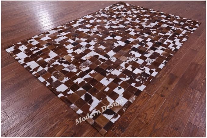 Modern Design Premium Cowhide Leather Carpet with Chevron Pattern, Area Rug (Brwon/White, 9x12)